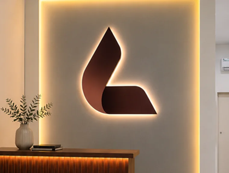 Recepción de Laxergy Estudio: logo retroiluminado